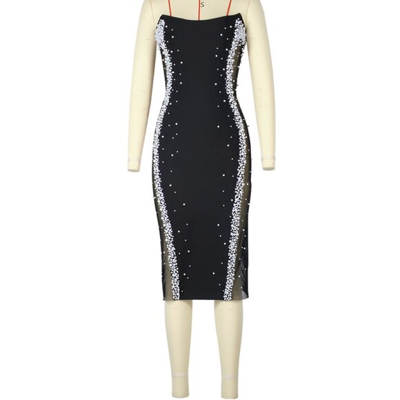 Glamorous Pearl Embellished Black Bandage Midi Dress - Picture 4 of 9